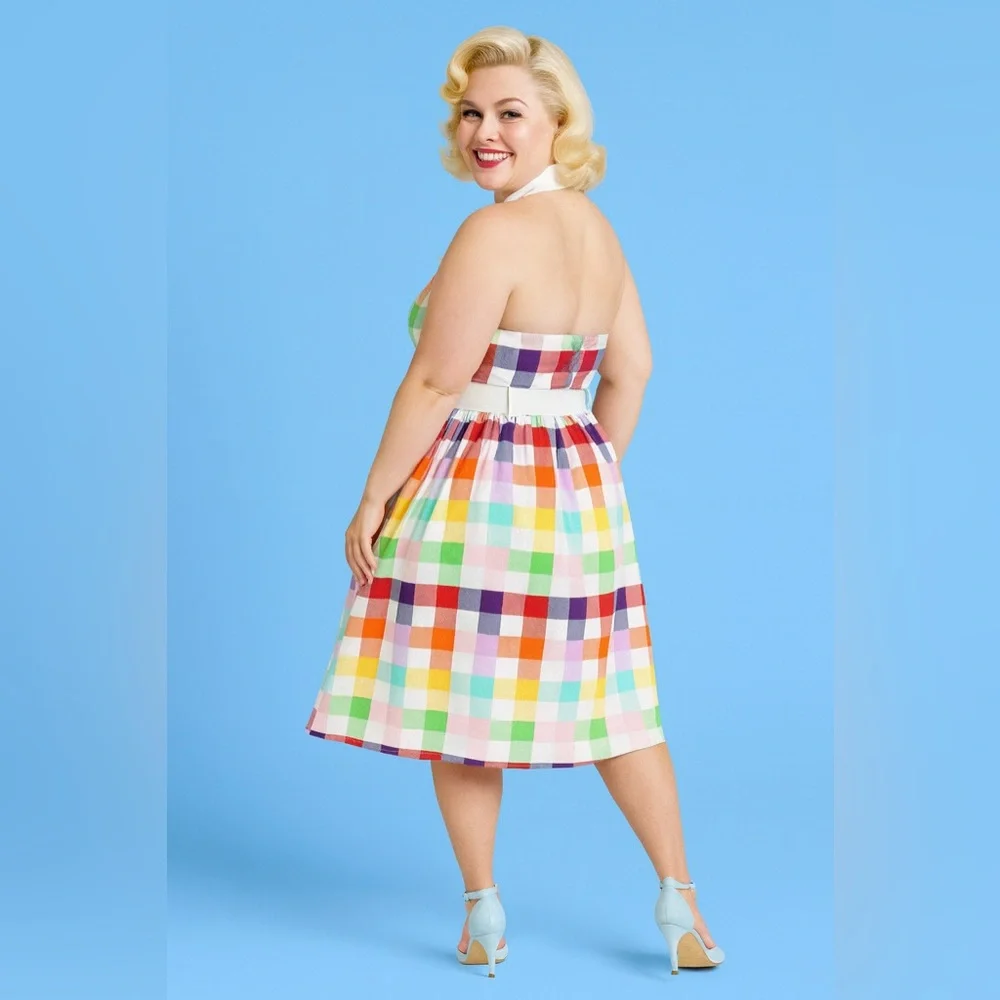 Unique Vintage Collectif Rainbows Over Hollywood Gingham Halter Swing Dress, NWT - Picture 12 of 16